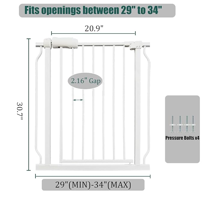 29-34 Inch Baby & Dog Gate, Pressure Mounted Auto Close, Walk Through Safety Gate for Narrow Stairs & Hallways, White Heavy-Duty Metal - Kids & Pets