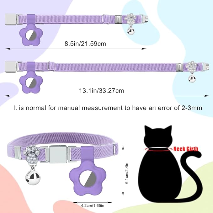 Personalized Safety Elastic Cat Collars with Bell Soft Silicone Cover for Air Tag,Laser Customized Stretch Kitten Collars for Girls Boys Cats (Purple)