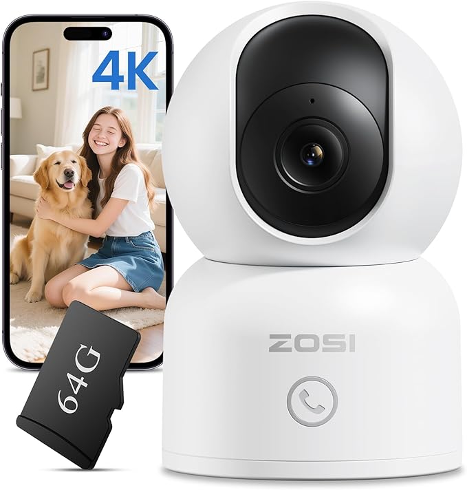 ZOSI 4K Indoor Security Camera, C518 WiFi Pan/Tilt Pet/Dog/Baby Plug-in IP Camera, Auto Tracking, AI Human/Face/Pet Detection, 360° View, Night Vision, 2-Way Audio, 5GHz/2.4GHz WiFi, 64G Memory Card