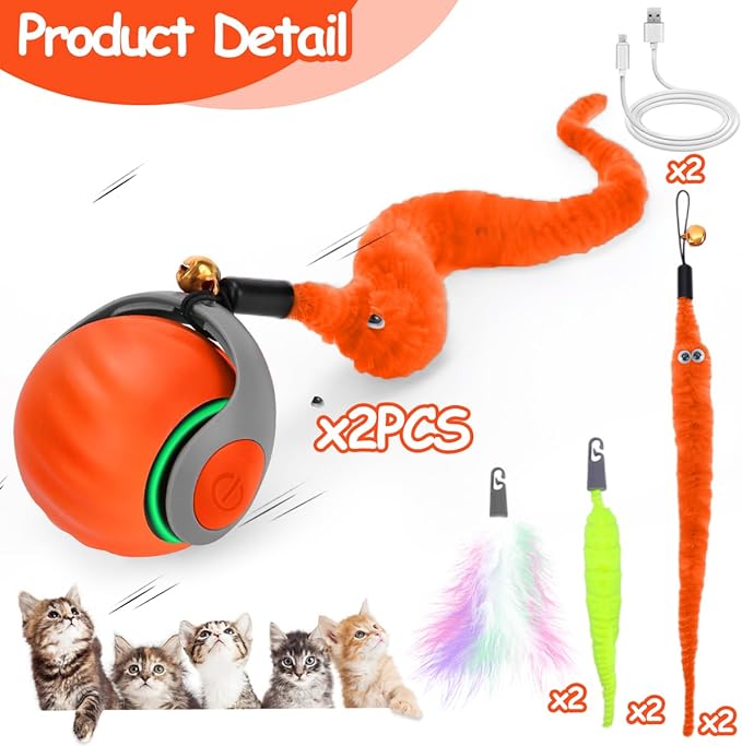 2PCS Interactive Cat Toy Ball with Feather Tails - Speedy Cat Toys for Indoor Cats, Moving Stimulation Smart Cat Toy for Enrichment, Motion Activated Automatic Rolling Toys to Keep Them Busy Orange