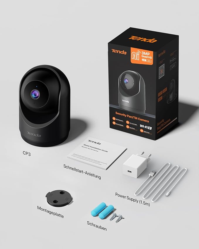 Tenda 2K Indoor Security Camera, WiFi6 Pet Camera for Home Security, 360°, 2-Way Audio, Motion Detection for Baby and Pet Monitor, Night Vision, Cloud & SD Card Storage, One-Touch Call (CP3 Black)