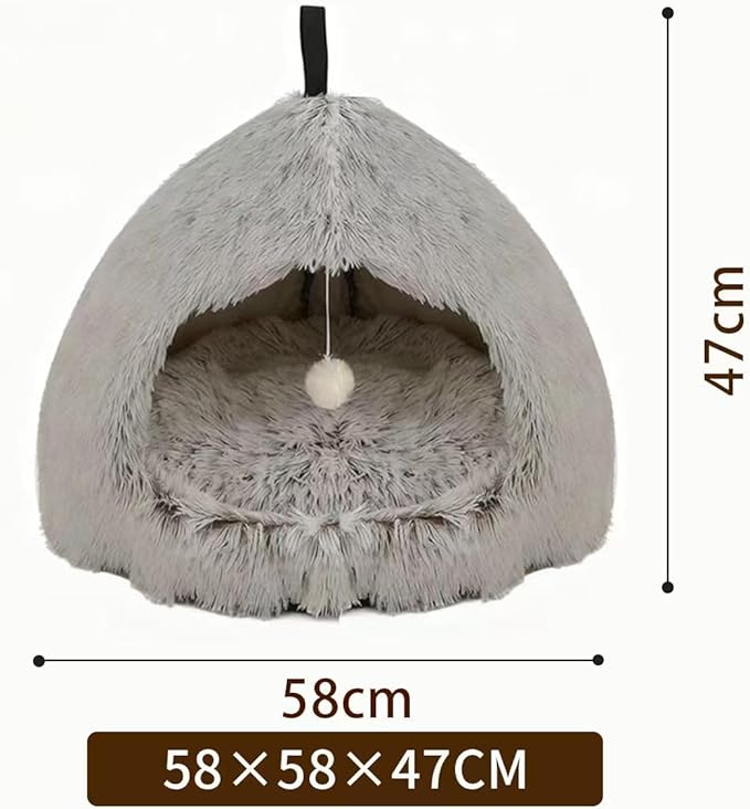 Hezotco Large Cat Bed for Indoor Cats, Soft Fluff Indoor Dog House& Cat Cave for Small Dogs. Pet House for Puppy with Cat Teasing Ball 22.8"*18.5"*22.8"(Coffee+White)