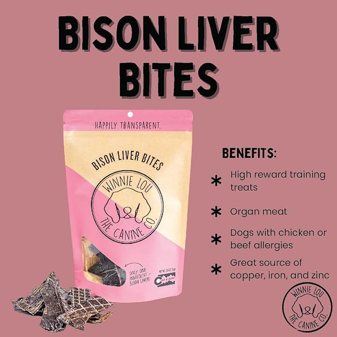 Winnie Lou Bison Liver Bites Dog Treats – Single Ingredient, Human Grade, Limited Ingredient Training Treats for Small, Medium & Large Dogs, Made in USA (1 Pack)