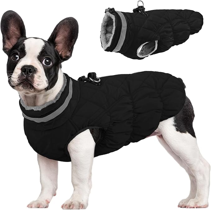 FUAMEY Dog Coat for Medium Dogs,Waterproof Dog Winter Jacket with Harness Built in Puppy Cold Weather Coats Reflective Pet Vest with Zipper Warm Fleece Dogs Snowsuit Windproof Solid Black M