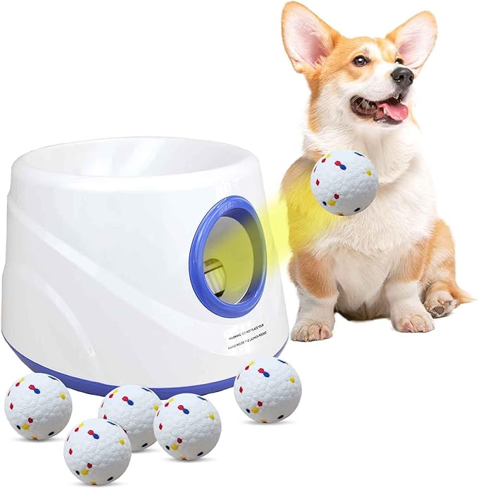 Automatic Ball Launcher for Dogs,Dog Ball Thrower Launcher with 3 Launching Distance 20-45FT,6 2.3 Inch ETPU Tennis Balls,Interactive Dog Toys Indoor Outdoor Ball Thrower Machine for Small/Medium Dogs