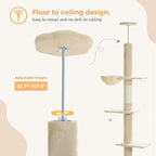 PEQULTI Floor to Ceiling Cat Tree, Tall Cat Tower, Adjustable Height (83''-108'') 5 Levels Climbing Tree for Indoor Cats with Cat Condo, Cozy Hammock and Scratching Post, Beige