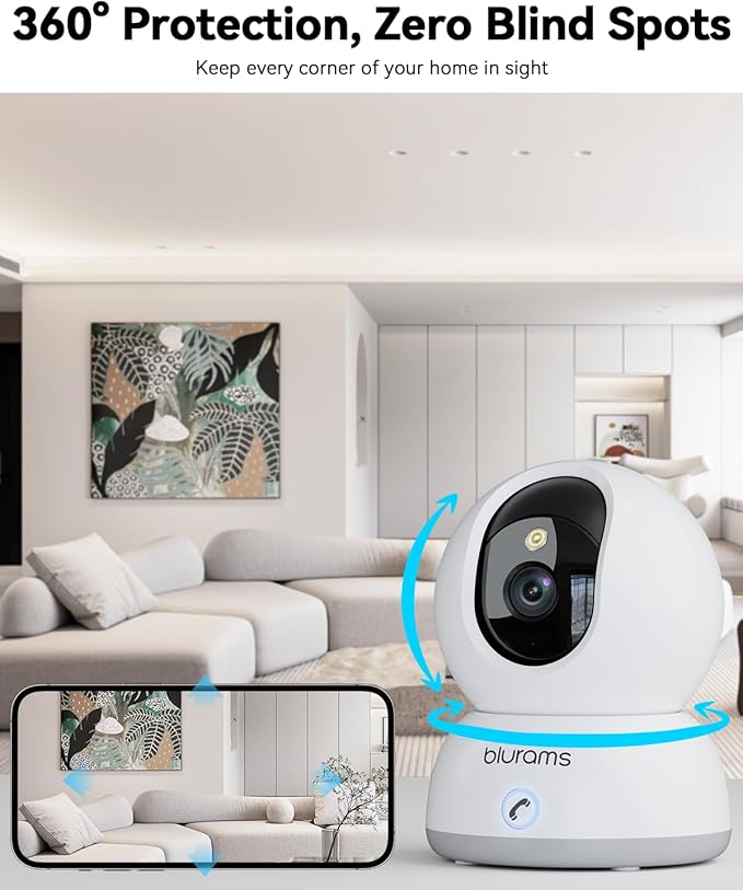 blurams 4K Ultra HD Indoor Cameras for Home Security, 360° PTZ Pet Camera w/One-Touch Call, Night Vision, Free Human/Pet/Motion/Sound/Cry Detection, 5GHz/2.4GHz WiFi6, Work with Alexa