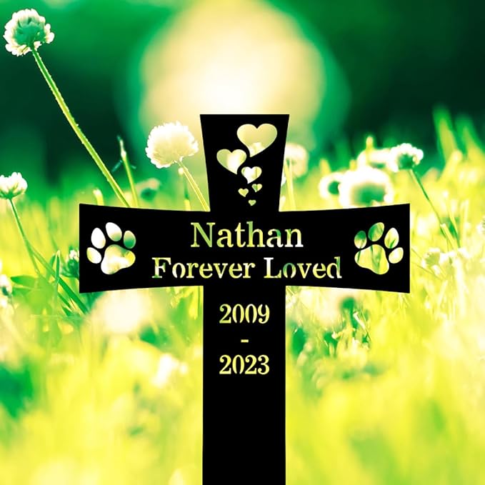 Custom Cat Dog Memorial Cross Stake Metal Sign Pet Memorial Grave Marker, Personalized Dog Cat Name Yard Stake Garden Decor Remembrance Stake, Customized Pet Memorial Plaque Sympathy Gift