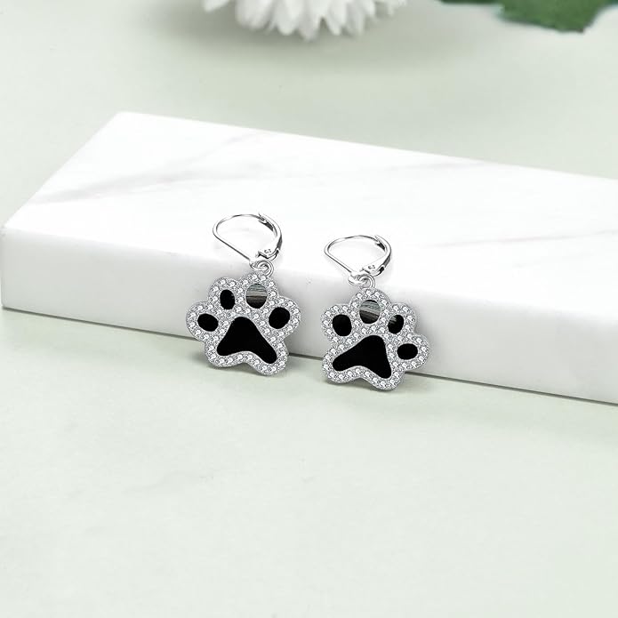 Paw Print Earrings Sterling Silver Leverback Dog Paw Earrings Puppy Paw Drop Dangle Earring for Women Girls
