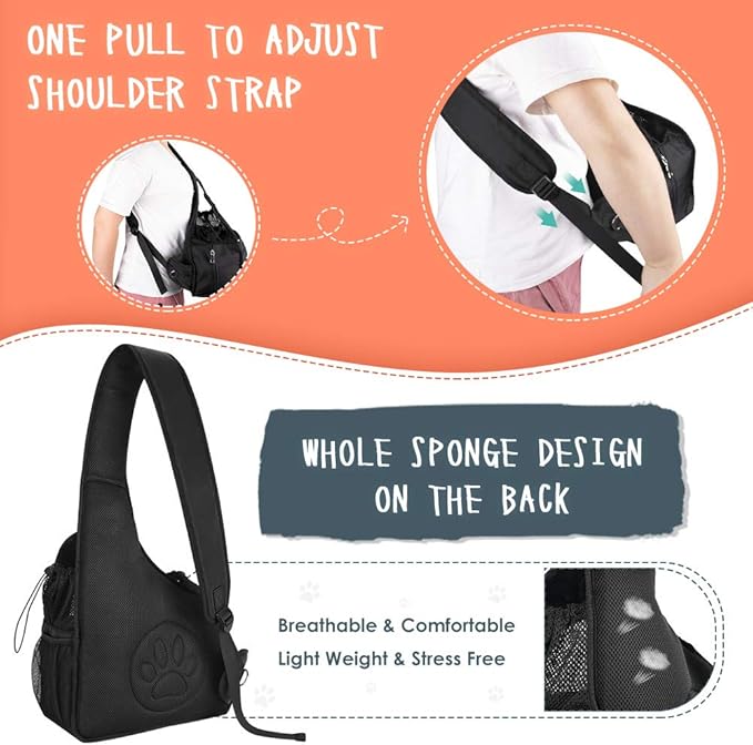 SlowTon Pet Dog Sling Carrier, Hands Free Hard Bottom Papoose Small Animal Puppy Up to 6 lbs Travel Bag Tote Breathable Mesh Support Adjustable Padded Strap Pocket Safety Belt Machine Washable