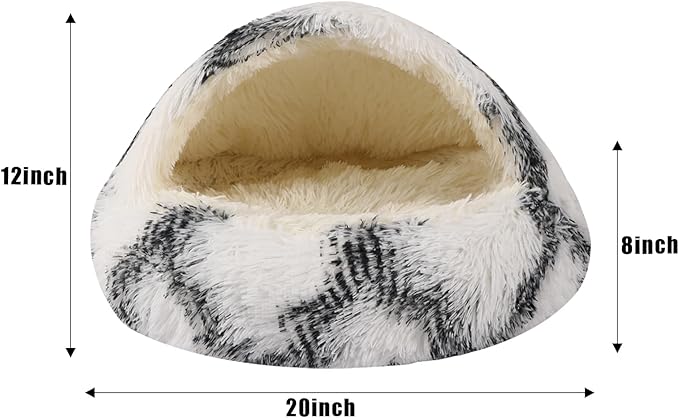Round Hooded Cat Bed & Dog Bed with Cover Cave, Dog Bed for Small Dogs, Faux Fur Cuddler Round Coved Cat Bed Self Warming Donut Dog Bed Fits up to 12 lbs Pets (Grey White, 20inch x 20inch)
