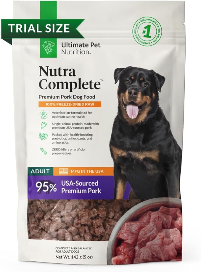 ULTIMATE PET NUTRITION Nutra Complete Freeze Dried Raw Dog Food, Veterinarian Formulated with Antioxidants, Prebiotics & Amino Acids (5 Ounce, Pork)