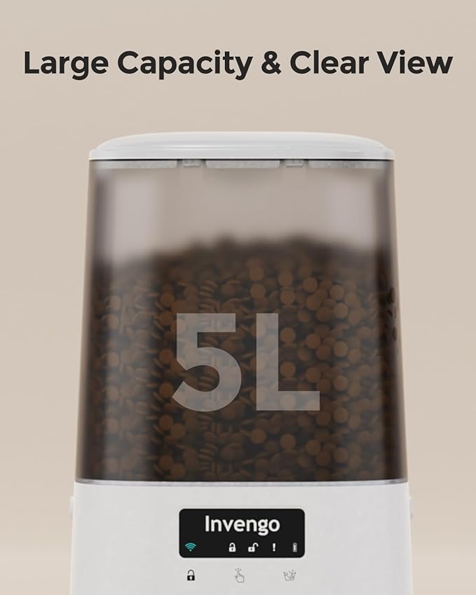 Automatic Cat Feeder - Cat Food Dispenser for 2 Cats MeowServe S20D, Auto Dog Feeder with Stainless Steel Bowls, 5L Pet Feeder with Patented Anti-Jam Port, App, 2.4G/5G WiFi (White)