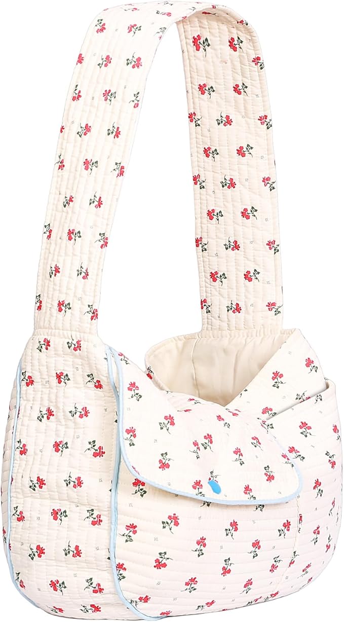 Floral Dog Sling Carrier, Breathable Cotton Hand-Free Cat Carrier,Chest Pet Purse for Small Dog Cat 3-12 lbs (White, Medium)