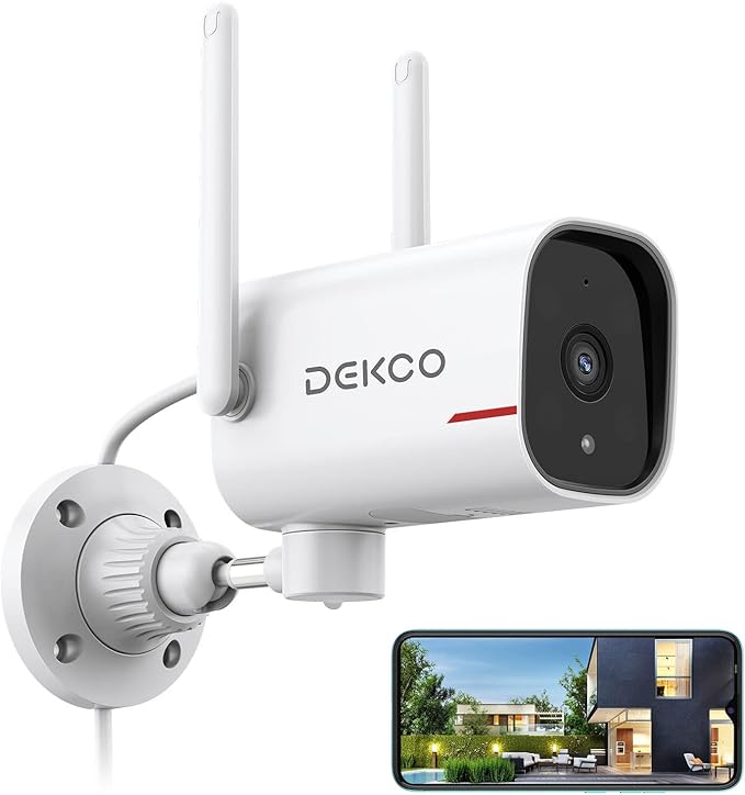DEKCO WiFi Camera 2K Pan Rotating 180° Wired Outdoor Security Cameras with Color Night Vision, Support 24/7 Recording, 2.4GHz WiFi, AI Human Auto Tracking, Work with Alexa/Google Assistant (1 Pack)