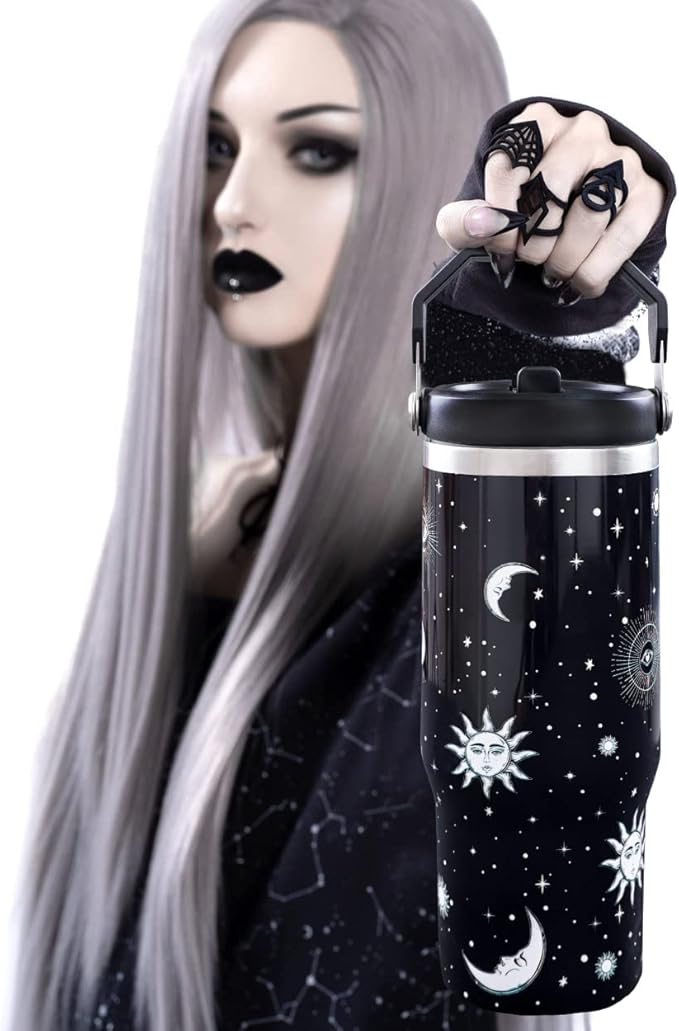 30oz Gothic Tumbler with Handle and Straw, Stainless Steel Vacuum Insulated Coffee Tumbler, Travel Mug Water Bottle, Goth Stuff Accessories Decor, Witch Gifts for Women