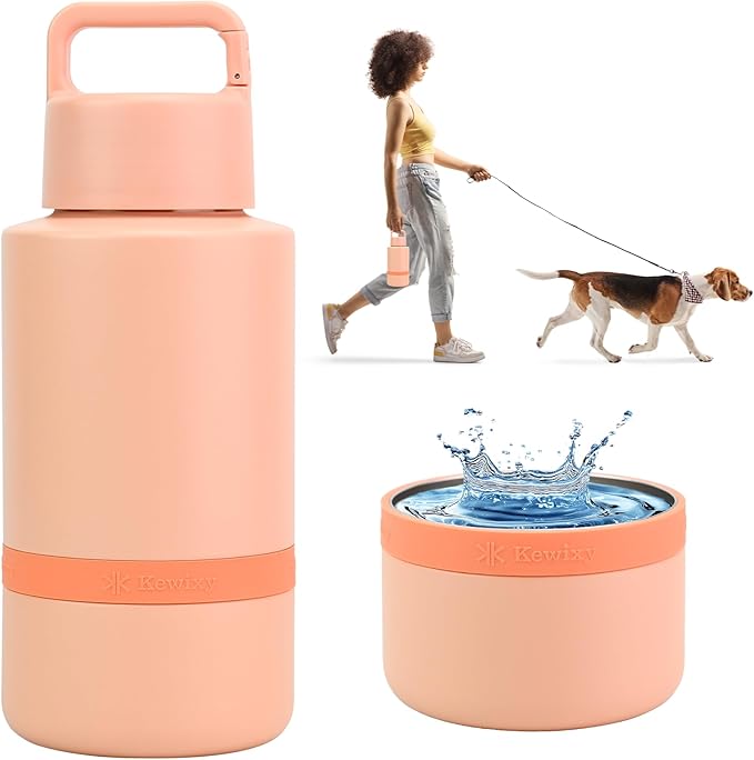 Insulated Dog Water Bottle with Travel Bowl, Dog Lover Gift, Portable Water Bottle Dispenser, Accessories for Car, Hiking, Camping, Outdoor, Leak-Proof, Detachable (Coral Sunset)