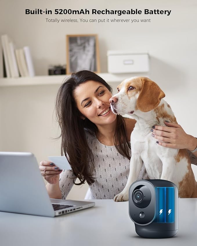 COCOCAM 2K Indoor Pan/Tilt Security Camera with 5200mAh Battery, WiFi Camera,Wireless for Baby Monitor/Pet/Home Security, AI Recognition, PIR Human Detection, 2.4G WiFi (Black)