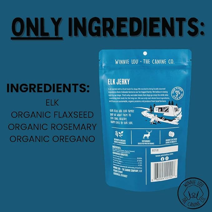 Winnie Lou Elk Jerky Dog Treats – Limited Ingredient, Human Grade, Training Treats for Small, Medium & Large Dogs, Made in USA (1 Pack)