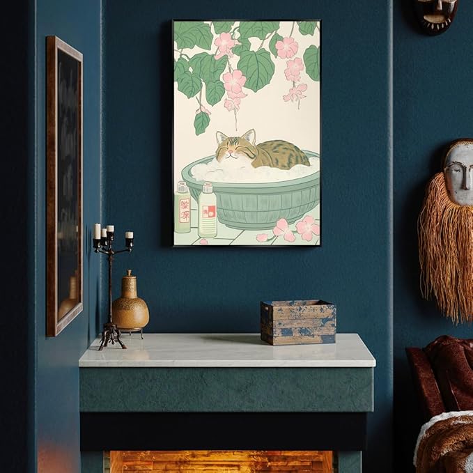 Vintage Tabby Cat in Bathtub Wall Art Funny Japanese Poster Print Relaxation Decor Cute Animal Pet Canvas Neutral Japan Painting for Bathroom Dorm Room Home Aesthetic 20x30inch Metal Black Frame
