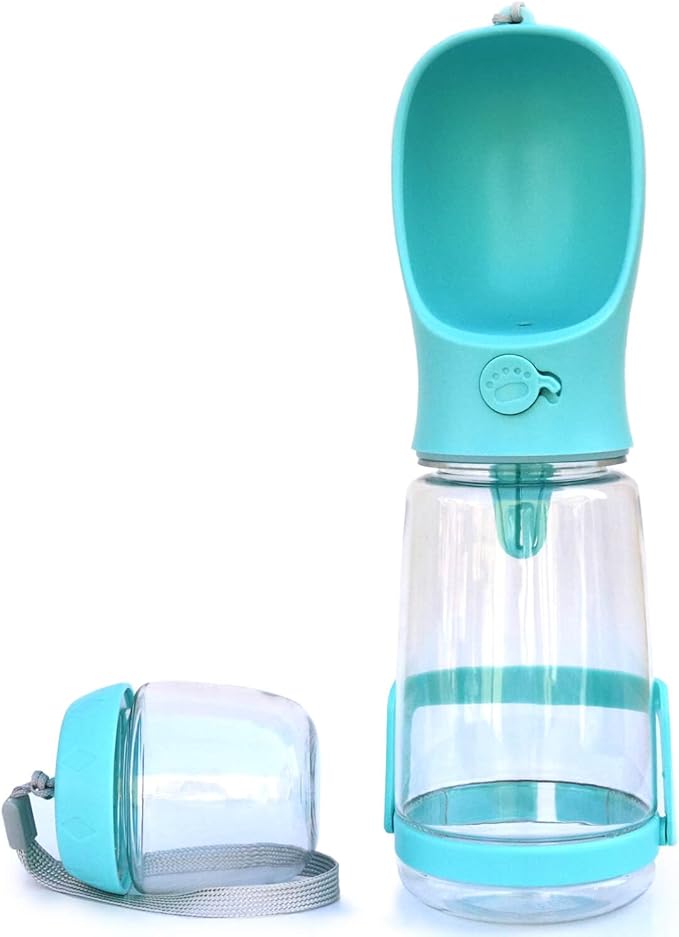 Dog Water Bottle with Food Container Holder, Travel Puppy Drinking Bowl, Portable Pet Water Dispenser, Patented Design, Food Grade Plastic 19 oz Water Bottle+100g Snack cans