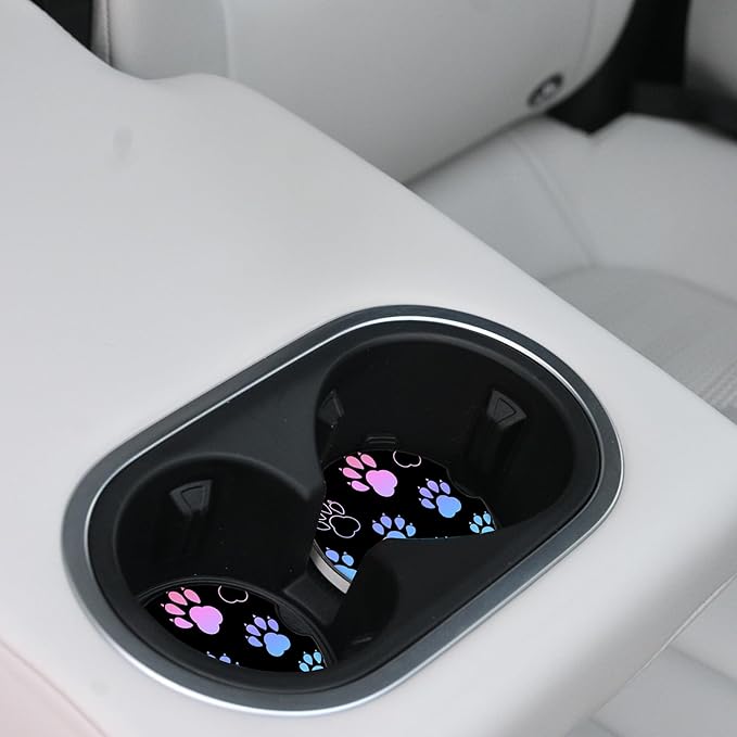 2 Pack Absorbent Car Coasters for Cup Holders,Ceramic Coasters with Cork Back and Finger Slot, Auto Accessories for Women & Men,2.56"(Gradient Black Dog paw Print)