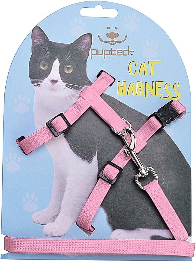 PUPTECK Adjustable Cat Harness and Leash Set Escape Proof Kitten Strap Collar for Walking Travel, Pink, M