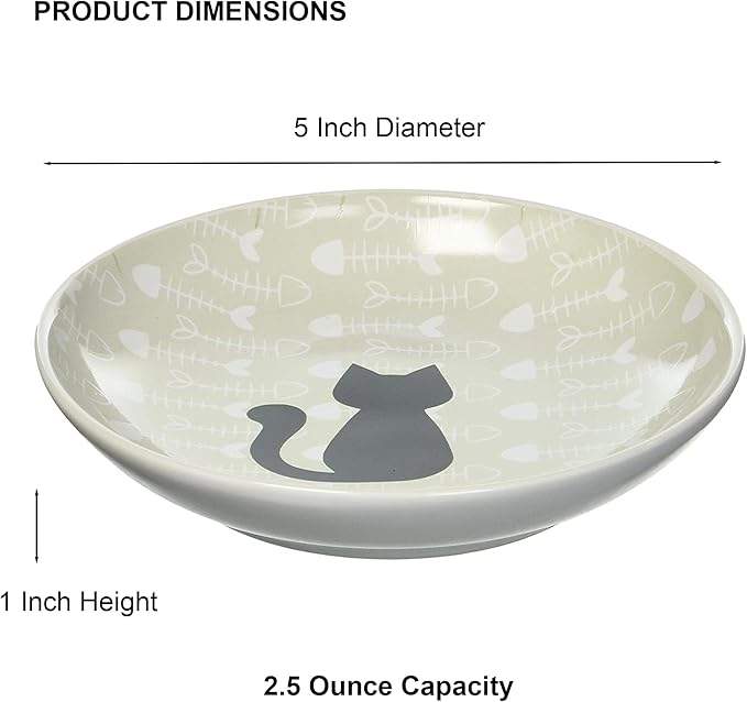 PetRageous 16069 Fishbone Kitty Stoneware Cat Saucer 5-Inch Diameter 2.5-Ounce Capacity for Wet or Dry Cat Food, Brown