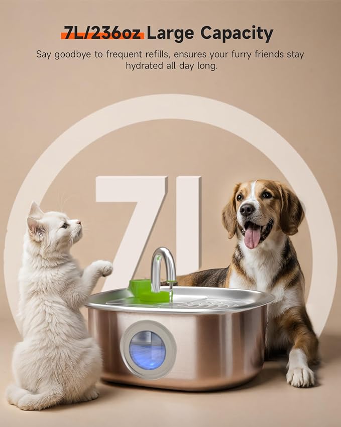 Dog Water Fountain Stainless Steel, 236 Oz/7L Automatic Dog Water Bowl Dispenser+3L Automatic Cat Feeder Timed Pet Dry Food Dispenser,1-6 Meals Per Day Set