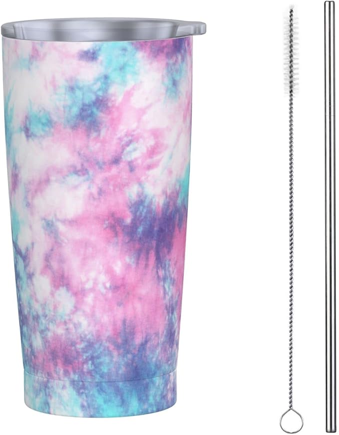 Dujiea 20oz Tumbler With Lid And Straw, Pastel Blue Pink Tie Dye Vacuum Insulated Iced Coffee Mug Reusable Travel Cup Stainless Steel Water Bottle