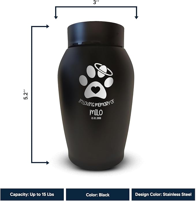 Personalized Custom Small Keepsake Urn Engraved with Pet Name, Date and Cat Design - 5.2" Black Powder Coated Steel Cremation Urn for Cat Ashes | 12-16 lb Capacity, Paws with Heart and Halo