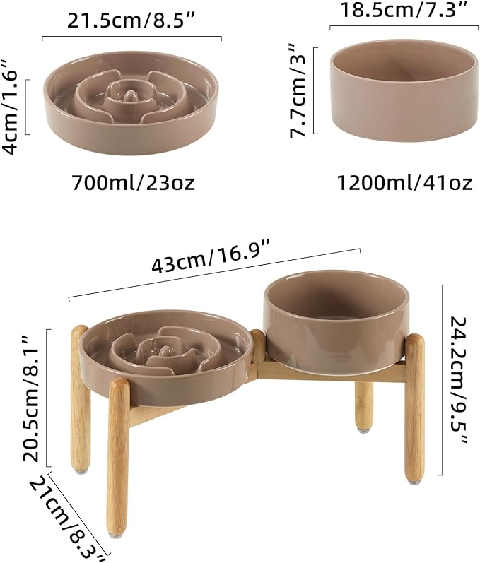 Ceramic Raised Slow Feeder Dog Bowl Set, Elevated 7.3inch Bowl and 8.2inch Puzzle Slow Dish with Wooden Stand for Medium and Large Dog, Anti-Gulping (2X Brown Coffee+ Stand)