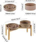Ceramic Raised Slow Feeder Dog Bowl Set, Elevated 7.3inch Bowl and 8.2inch Puzzle Slow Dish with Wooden Stand for Medium and Large Dog, Anti-Gulping (2X Brown Coffee+ Stand)