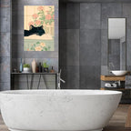 Relaxation Japanese Poster Print Cute Black Cat Wall Art Decor Bathtub Pink Flowers and Green Leaves Picture Canvas Minimalist Japan Artwork for Bathroom Bedroom Toilet Kids Room 24x36inch Unframed