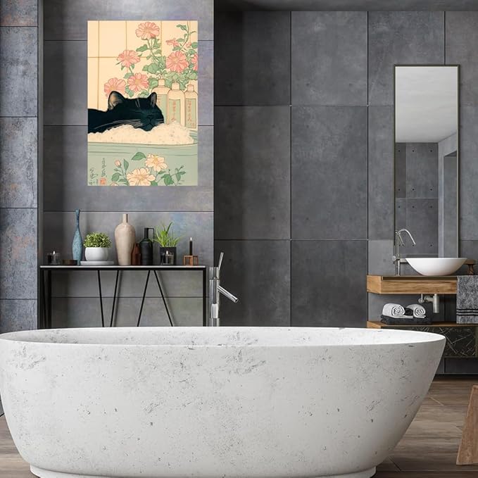 Relaxation Japanese Poster Print Cute Black Cat Wall Art Decor Bathtub Pink Flowers and Green Leaves Picture Canvas Minimalist Japan Artwork for Bathroom Bedroom Toilet Kids Room 24x36inch Unframed
