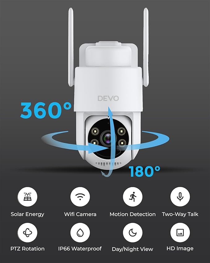 Devo Solar Security Camera Wireless Outdoor 360° PTZ - 2.3K Color Night Vision with AI Human Detection, WiFi 6 Pan/Tilt IP66 Waterproof, 180-Day Battery & Solar Panel, 2-Way Audio, Triple Alert System