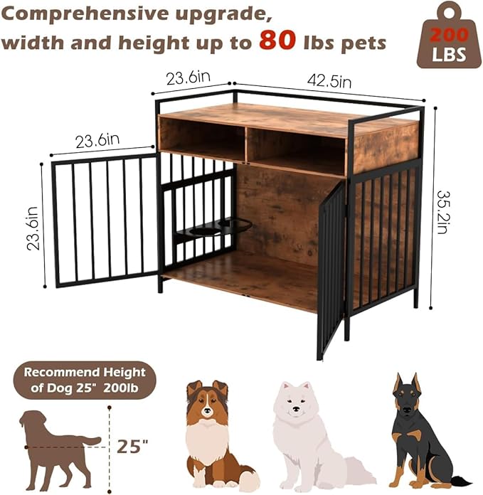 Large Dog Crate Furniture - 48" Vintage Brown Wooden Kennel for Big Dogs, Heavy Duty Chew-Proof Cage with 360° & Adjustable Raised Feeder, Dual Use as End Table or TV Stand