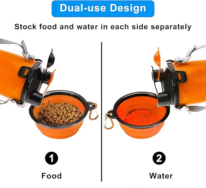 Dog Travel Water Bottle Collapsible Bowls, 2 in 1 Pet Food Container with Collapse Bowls, Outdoor Portable Water Bowls for Walking, Traveling, Camping and Hiking (Orange)