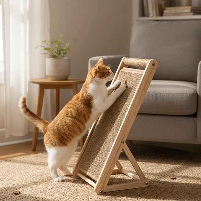 Cat Scratcher with Ramp, 22-inch Natural Sisal & Solid Wood, Tool-Free 2-Step Assembly, Stable Triangle Base for Indoor Cats (Brown)