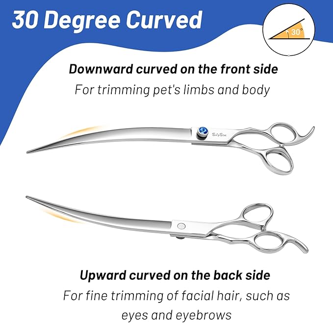 10inch Curved Dog Grooming Scissors Professional, Japanese VG10 Steel Sharp Dog Scissors for Grooming, 30 Degree Bend, Pet Trimming Shears for Dogs Cats Face Paws, Safety Ergonomic with CNC Screw