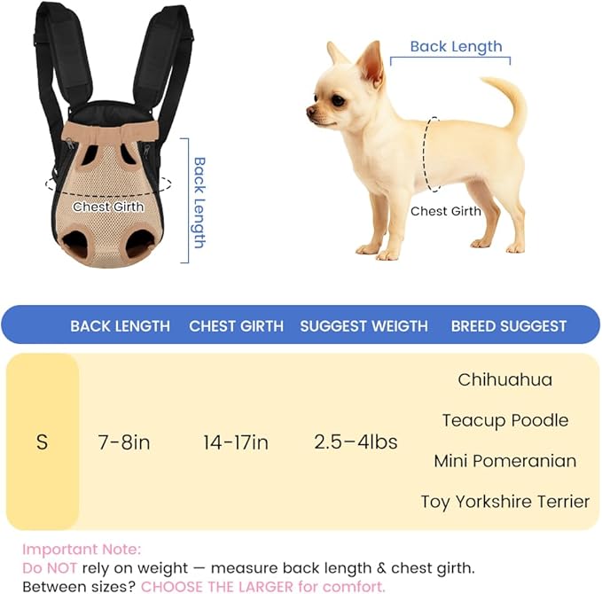 Dog Backpack Carrier, Adjustable Pet Front Carriers, Legs Out Carrying Sling Travel Bag for Small Medium Dogs 2.5-4 Lbs, Soft Wearable Puppy Chest Carry Backpacks for Walking/Hiking/Camping/Traveling