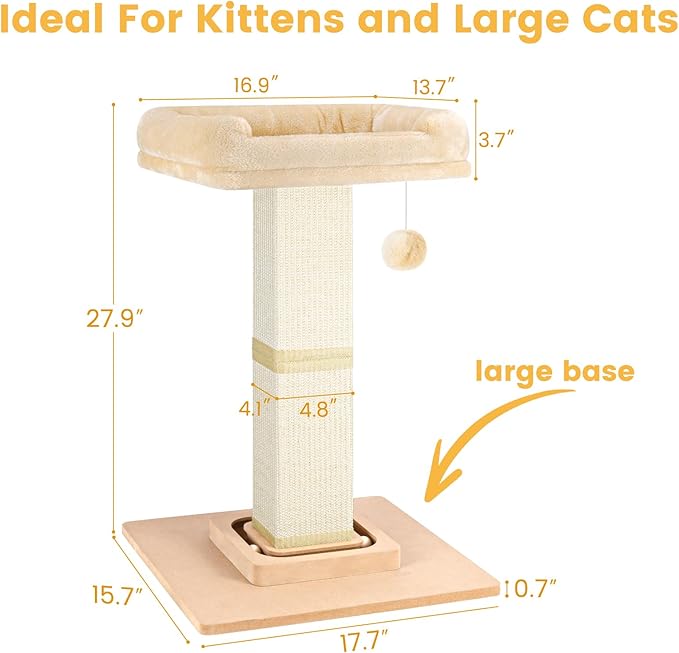 Cat Scratching Post,Heavy Duty and Thicker Scratching Posts for Indoor Cats Adults, Cat Scratcher with Cat Perch, Tall Cat Scratching Post with Bed, Removable Cover, 28 inches