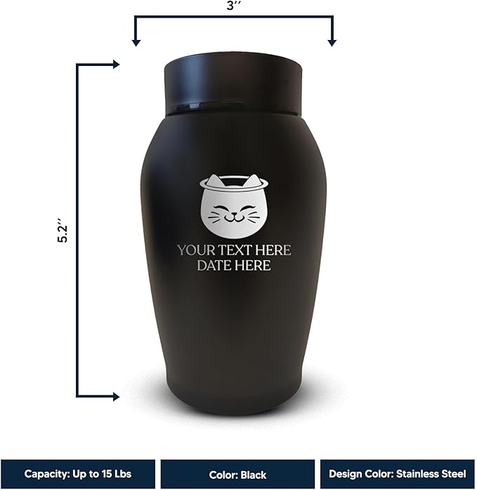 Personalized Custom Small Keepsake Urn Engraved with Pet Name, Date and Cat Design - 5.2" Black Powder Coated Steel Cremation Urn for Cat Ashes - Airtight Closure | 12-16 lb Capacity, Cat with Halo