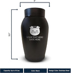 Personalized Custom Small Keepsake Urn Engraved with Pet Name, Date and Cat Design - 5.2" Black Powder Coated Steel Cremation Urn for Cat Ashes - Airtight Closure | 12-16 lb Capacity, Cat with Halo