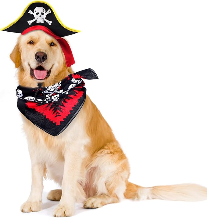 2 Pieces Skull Print Pet Pirate Hat with Pirate Skull Bandana Dog Cat Captain Cap Halloween Pirate Cosplay Costume Halloween Party Hat Dress Up Costume Accessories (A) One Size