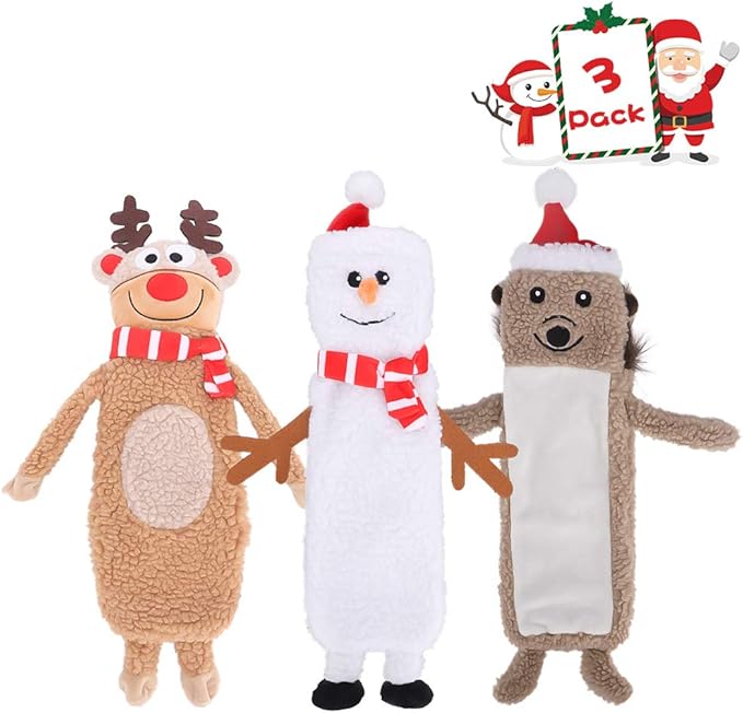 SCENEREAL Stuffless Christmas Squeaky Dog Toys for Small Medium Large Dogs, Plush Tough Pet Chew Toy, Durable No Stuffed Puppy Teething Toys for Boredom and Stimulating (Elk & Hedgehog & Snowman)