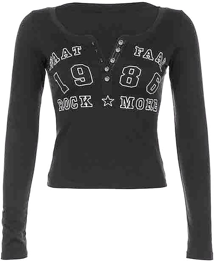 Xineicy Women's Y2K Long Sleeve Henley Tops Casual T-Shirts for Women Slim Fit Vintage Graphic Crop Tops