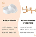 SPUNKYJUNKY 15° Slanted Ceramic Dog and Cat Bowl with Wooden Stand, Tilted Bulldog Food and Water Bowl No Slip Non-Spill for Cats Medium Dogs Big Face Pets 13.5 OZ (1.7 Cups, White × 2)