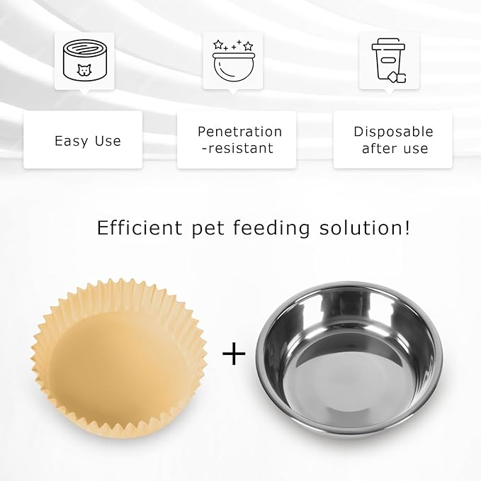 Disposable Cat Food Bowl Set (300 Pcs Small Paper Bowls + 2 Pcs Stainless Steel Pet Bowls) Dog Disposable Bowls Disposable Cat Plates for Wet Food Pet Food Bowl for Pet Feeding Station(Khaki Brown)