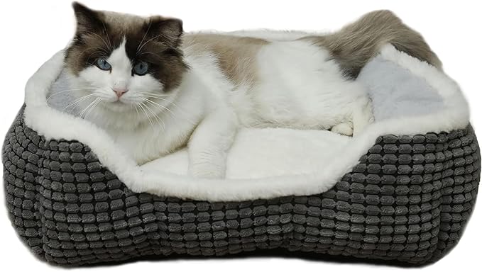 Dog Bed for Medium Size Dogs, Cute Cat Beds for Indoor Cats, Super Soft Washable Cat Bed with Anti-Slip & Water-Resistant Bottom, Luxury Durable Kitten Bed and Puppy Bed, Square Grey Animal Pet Beds
